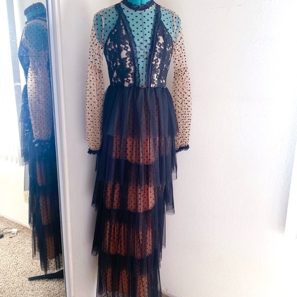 BLACK GOTHIC PEACH ORANGE LACE CORSET RUFFLE CHIFFON DRESS WITH A SLIT. SZ M. - Picture 4 of 5